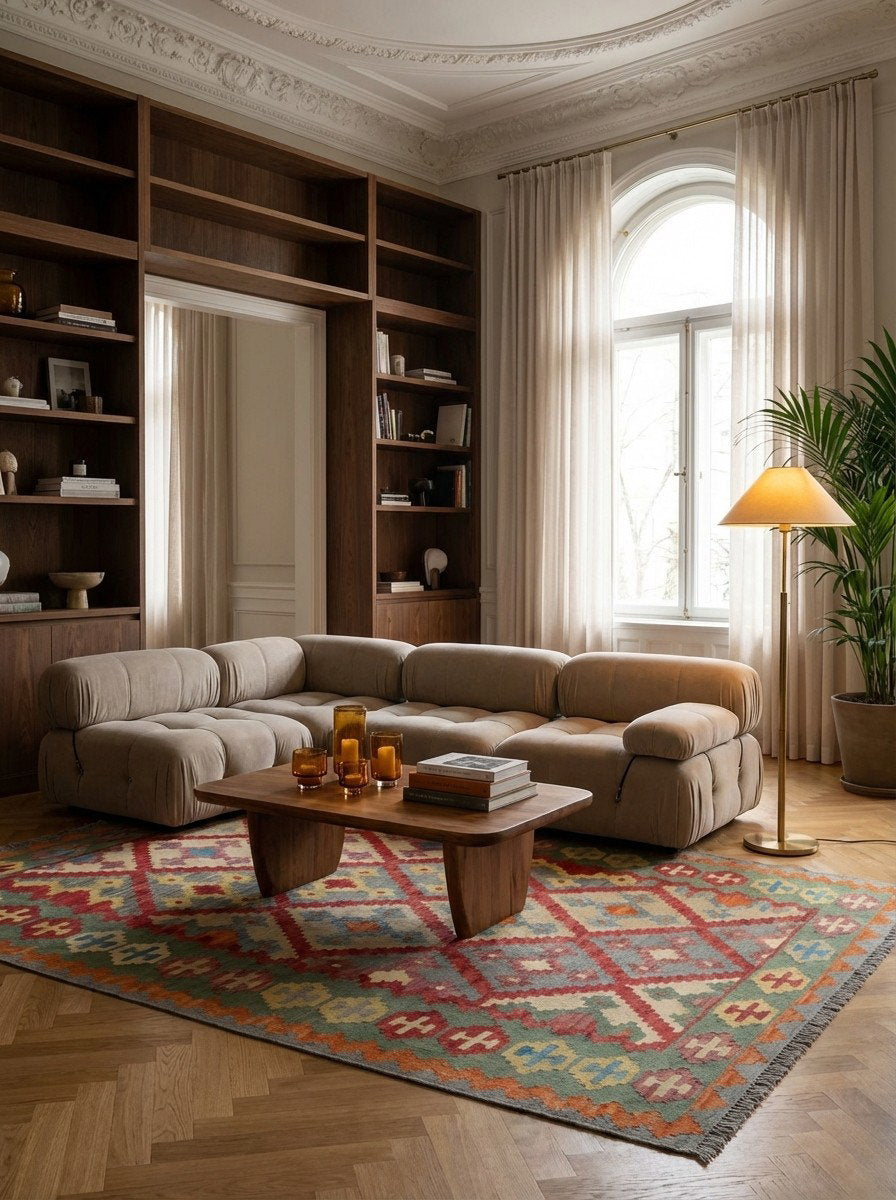 Kelim Gashgai — Handgefertigt, 197x158 cm, Grün, 100% Virgin Wool | Back view