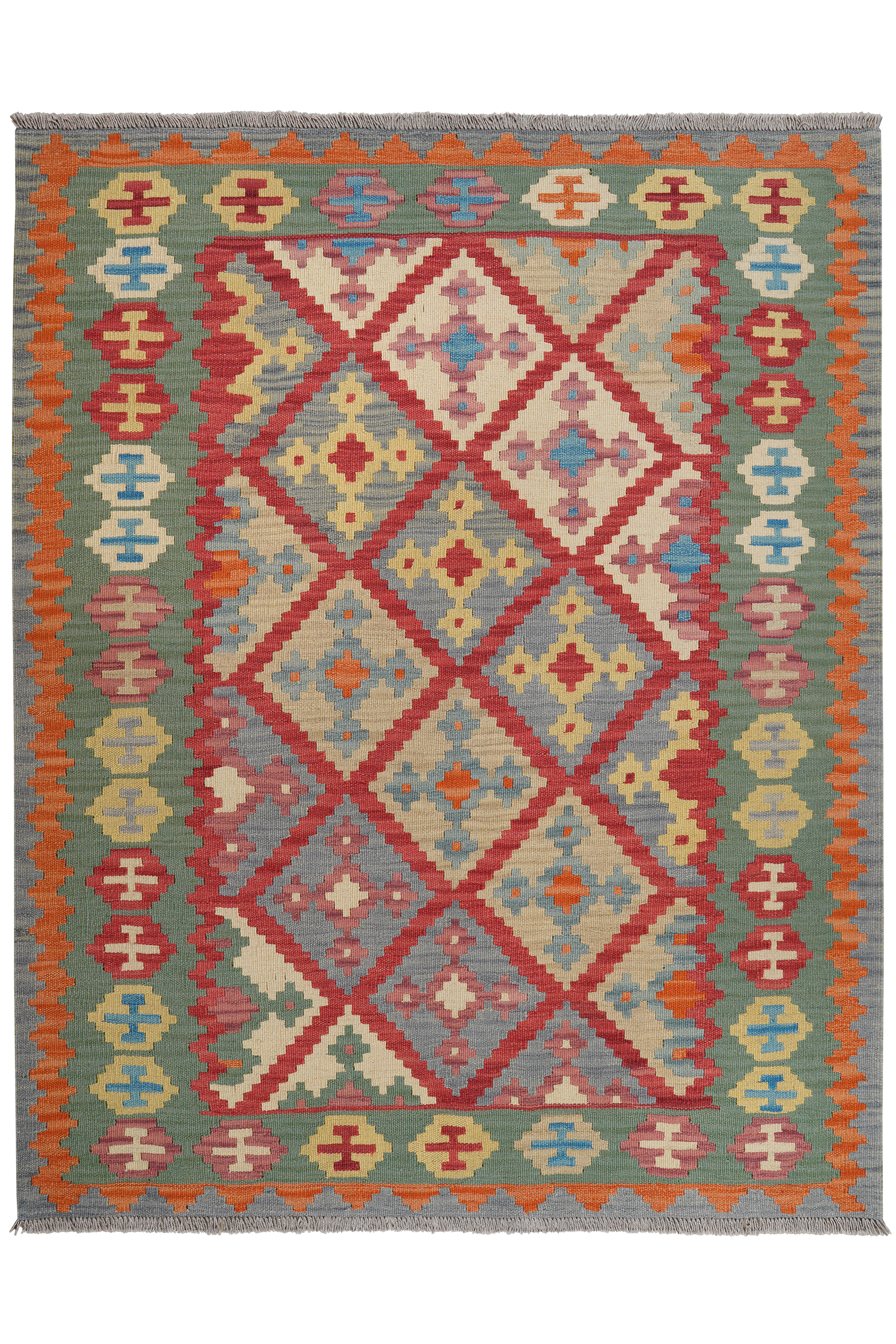 Kelim Gashgai — Handgefertigt, 197x158 cm, Grün, 100% Virgin Wool | Main view