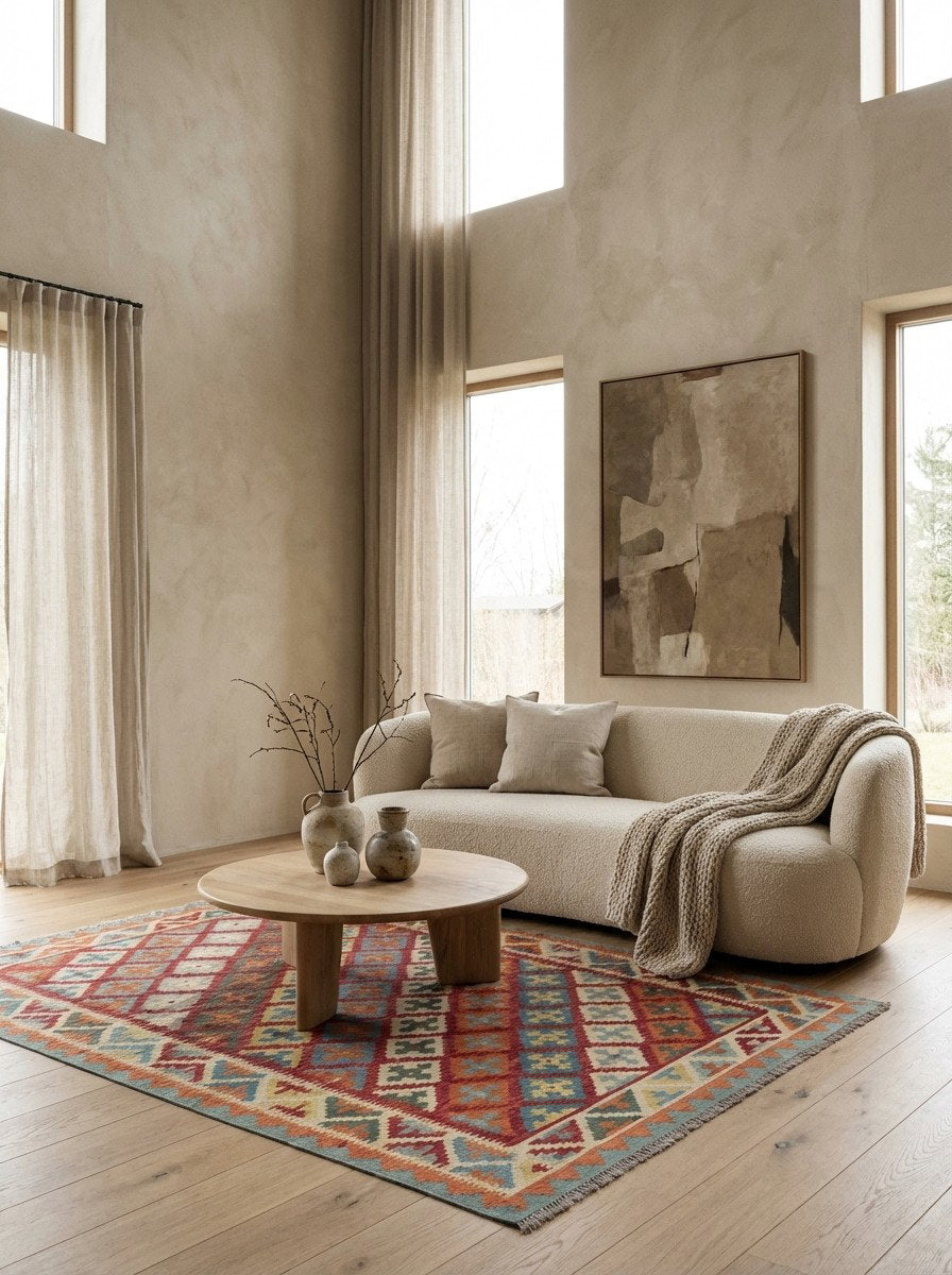 Kelim Gashgai — Handgefertigt, 198x158 cm, Beige, 100% Virgin Wool | Detail view