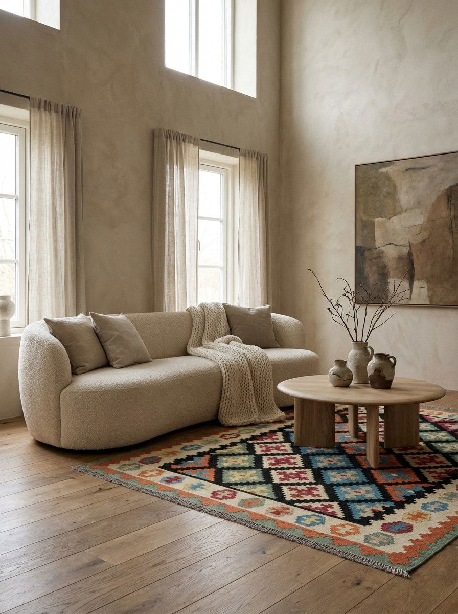 Kelim Gashgai — Handgefertigt, 194x157 cm, Beige, 100% Virgin Wool | Detail view