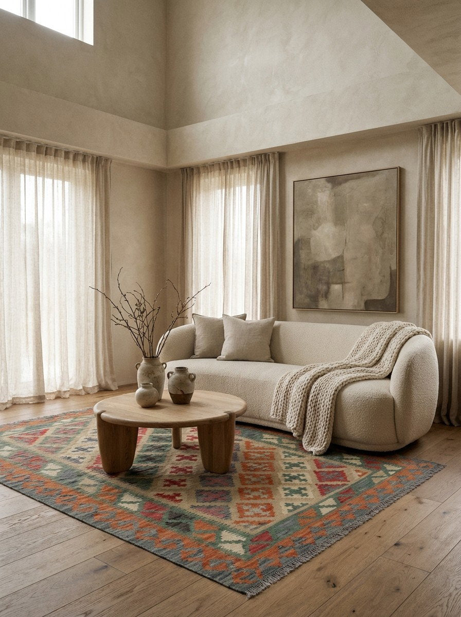 Kelim Gashgai — Handgefertigt, 210x152 cm, Grün, 100% Virgin Wool | Detail view