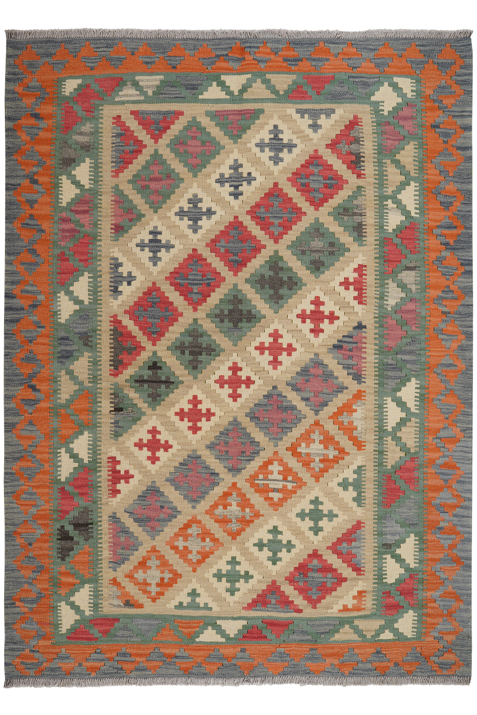 Kelim Gashgai — Handgefertigt, 210x152 cm, Grün, 100% Virgin Wool | Main view