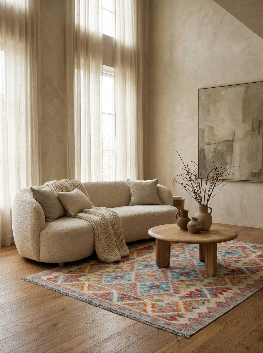 Kelim Gashgai — Handgefertigt, 200x155 cm, Beige, 100% Virgin Wool | Detail view