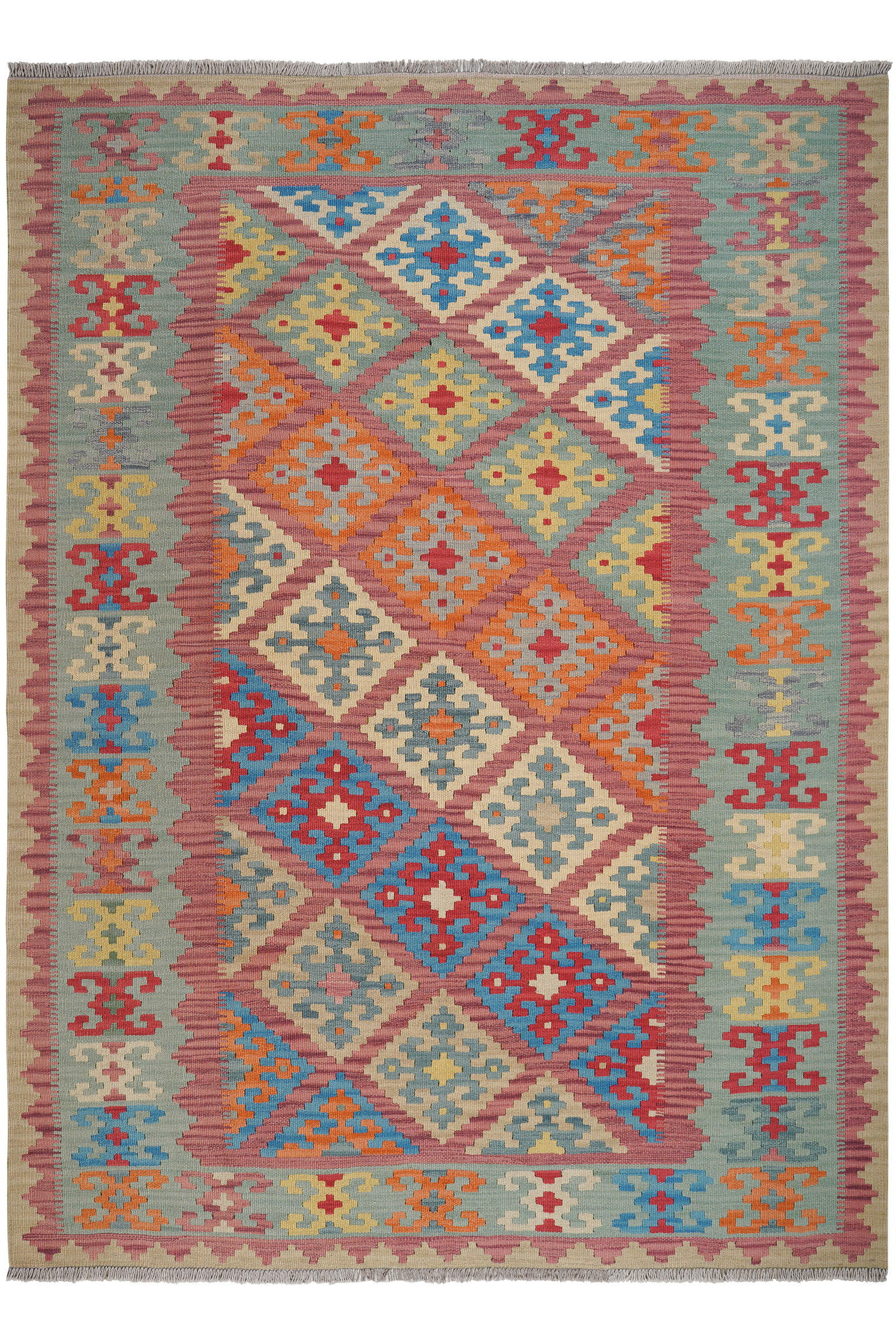 Kelim Gashgai — Handgefertigt, 249x184 cm, Grün, 100% Virgin Wool | Main view