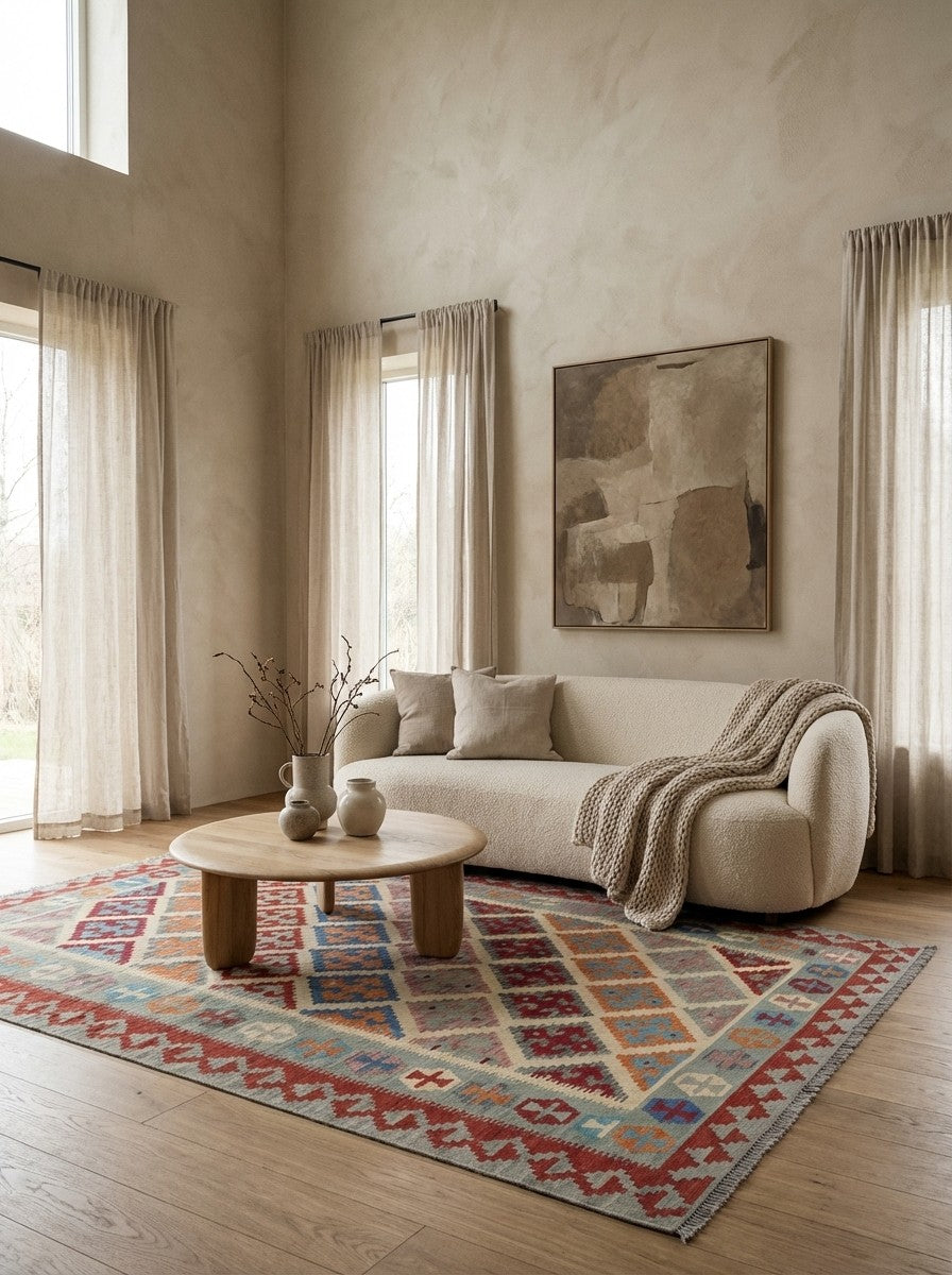 Kelim Gashgai — Handmade, 176x252 cm, Beige, 100% Virgin Wool | Detail view