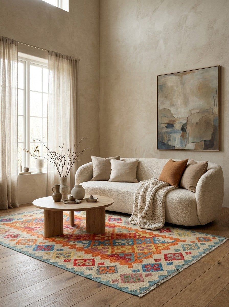 Kelim Gashgai — Handmade, 171x250 cm, Orange, 100% Virgin Wool | Detail view