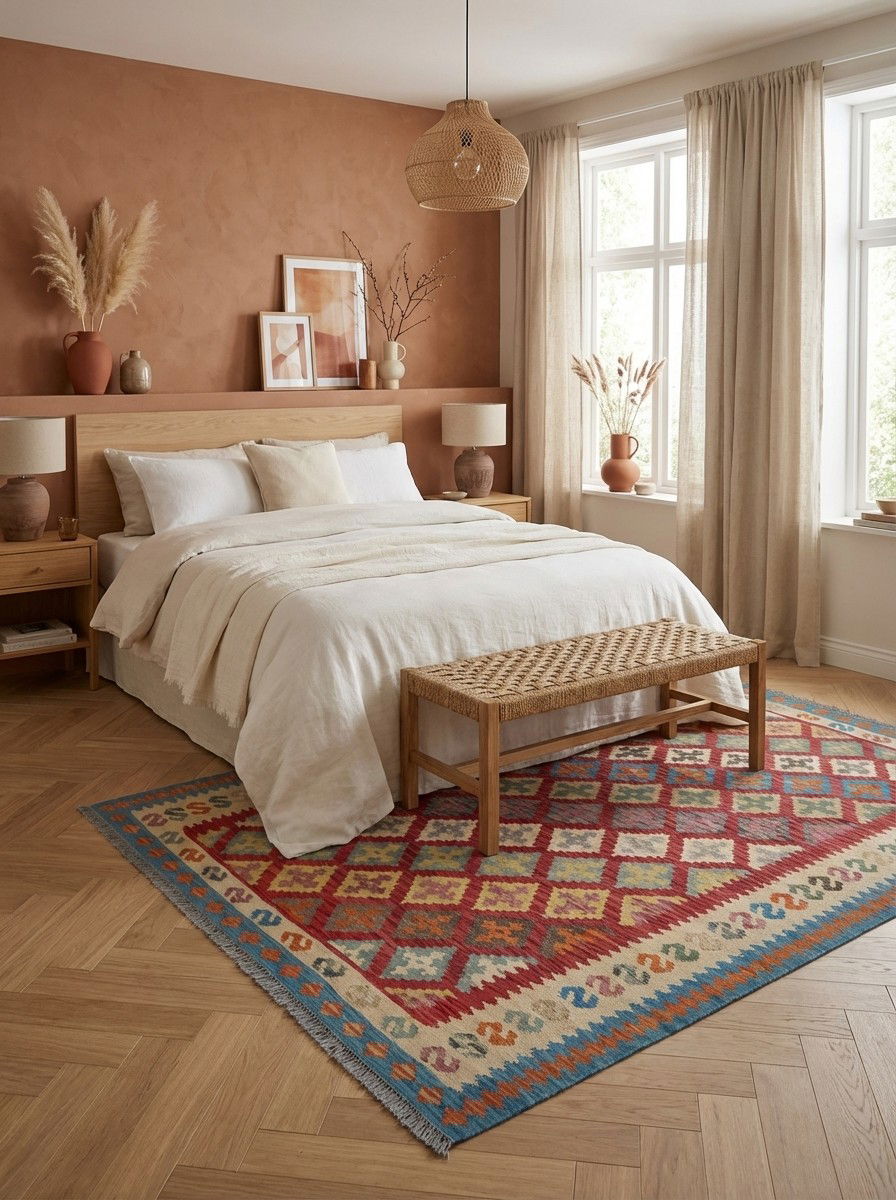 Kelim Gashgai — Handgefertigt, 297x210 cm, Beige, 100% Virgin Wool | Detail view