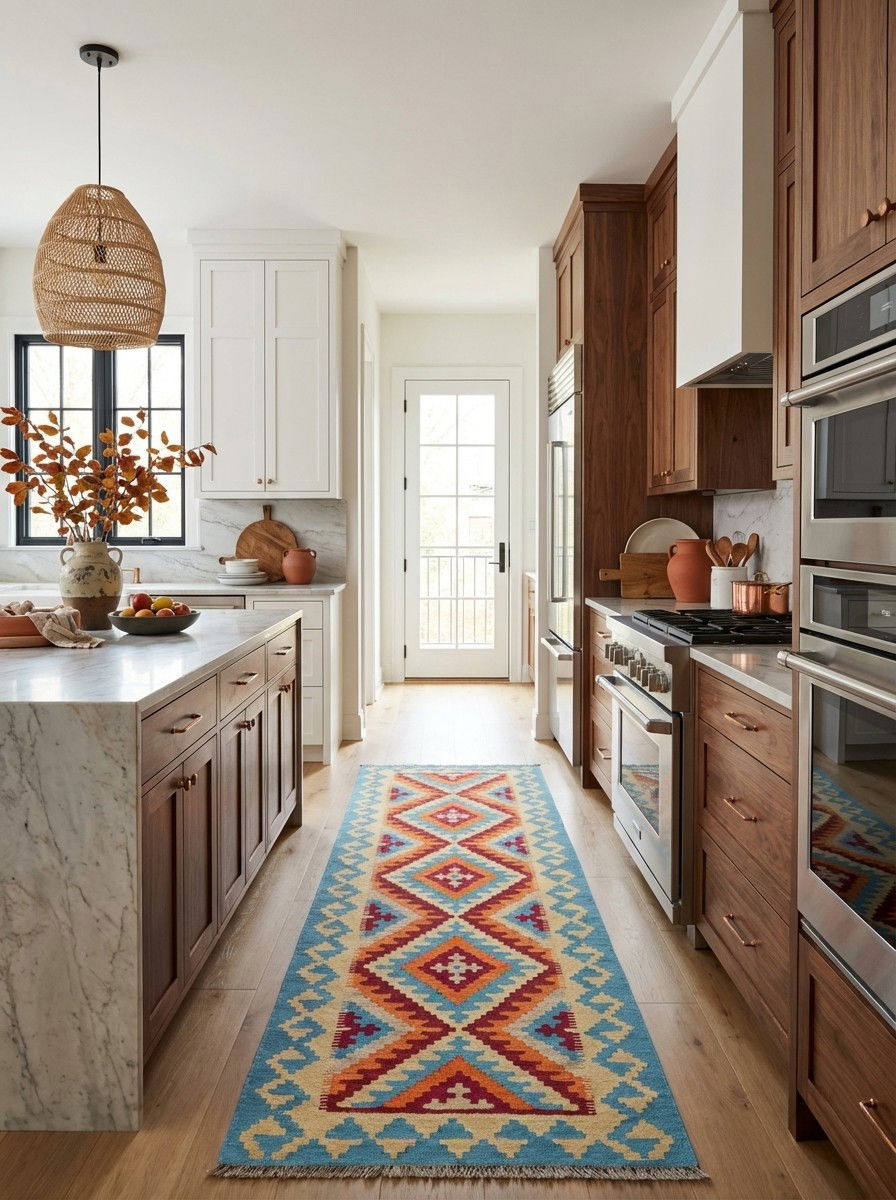 Kelim Gashgai — Handgefertigt, 240x84 cm, Blau, 100% Virgin Wool | Back view