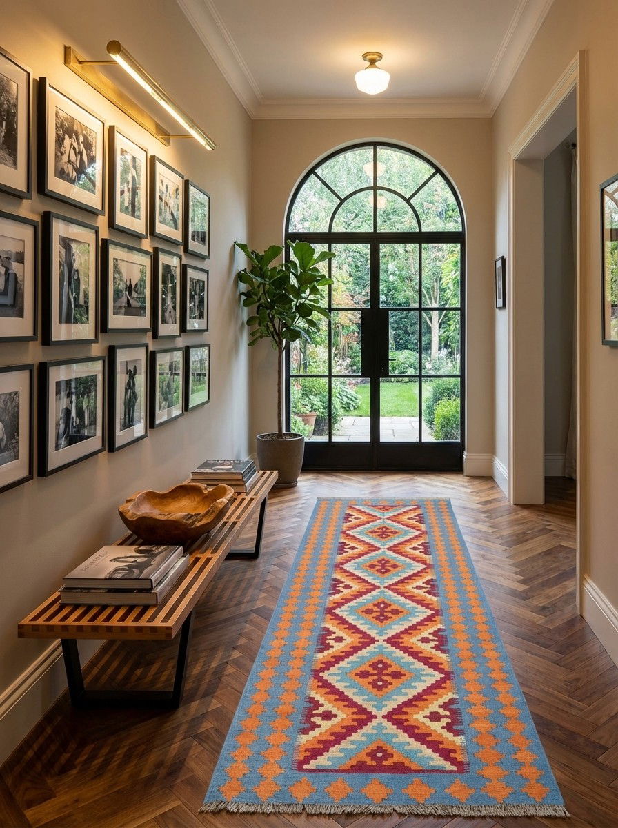 Kelim Gashgai — Handgefertigt, 240x86 cm, Blau, 100% Virgin Wool | Detail view