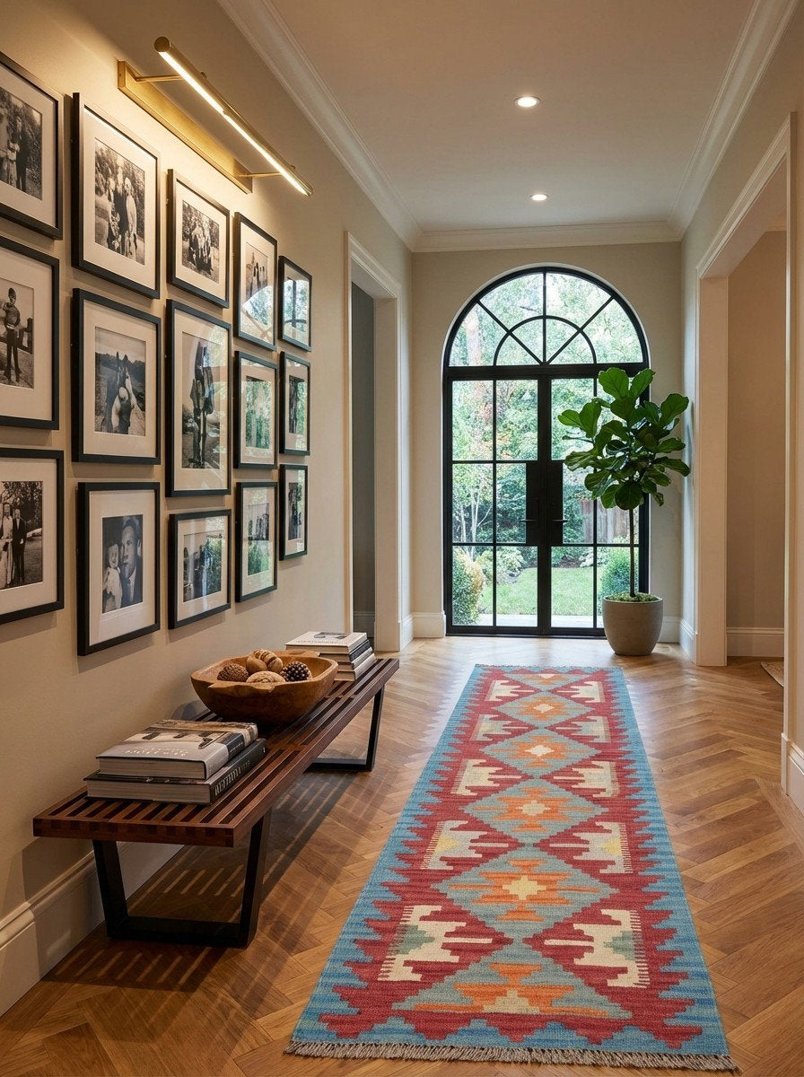 Kelim Gashgai — Handgefertigt, 198x58 cm, Blau, 100% Virgin Wool | Detail view