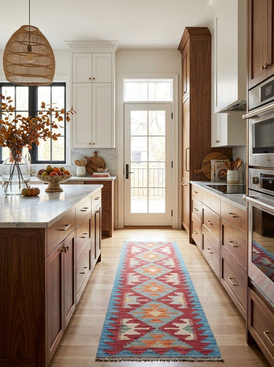 Kelim Gashgai — Handgefertigt, 198x58 cm, Blau, 100% Virgin Wool | Back view