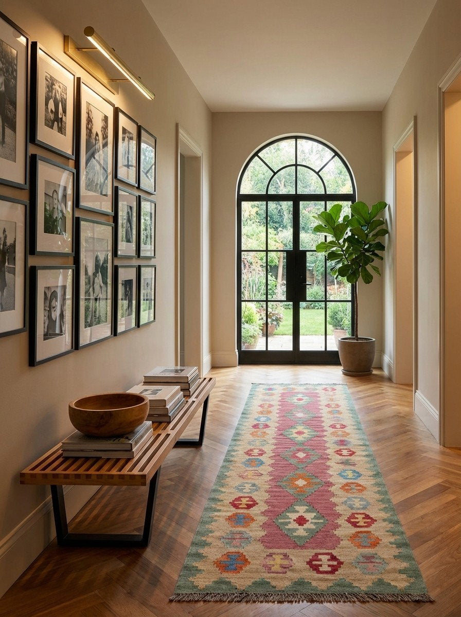 Kelim Gashgai — Handgefertigt, 193x56 cm, Beige, 100% Virgin Wool | Detail view