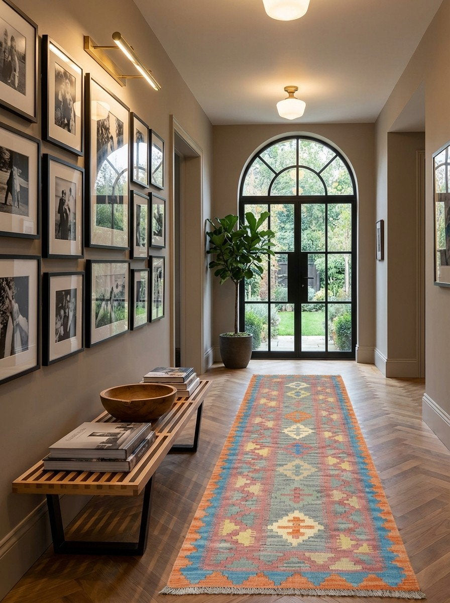 Kelim Gashgai — Handgefertigt, 220x63 cm, Rosa, 100% Virgin Wool | Detail view