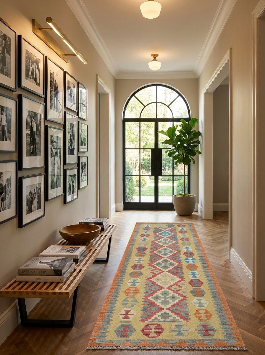 Kelim Gashgai — Handgefertigt, 245x86 cm, Grün, 100% Virgin Wool | Detail view