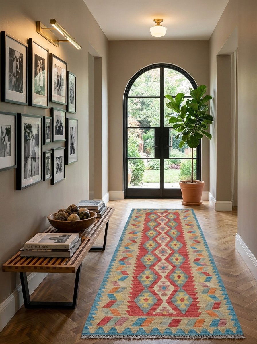 Kelim Gashgai — Handgefertigt, 241x83 cm, Beige, 100% Virgin Wool | Detail view