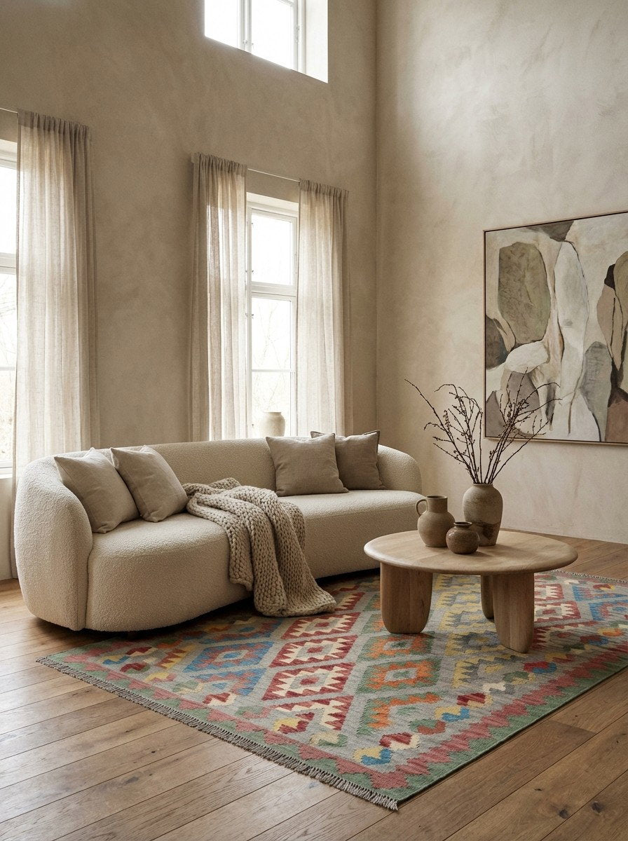 Kelim Gashgai — Handgefertigt, 186x128 cm, Grau, 100% Virgin Wool | Detail view