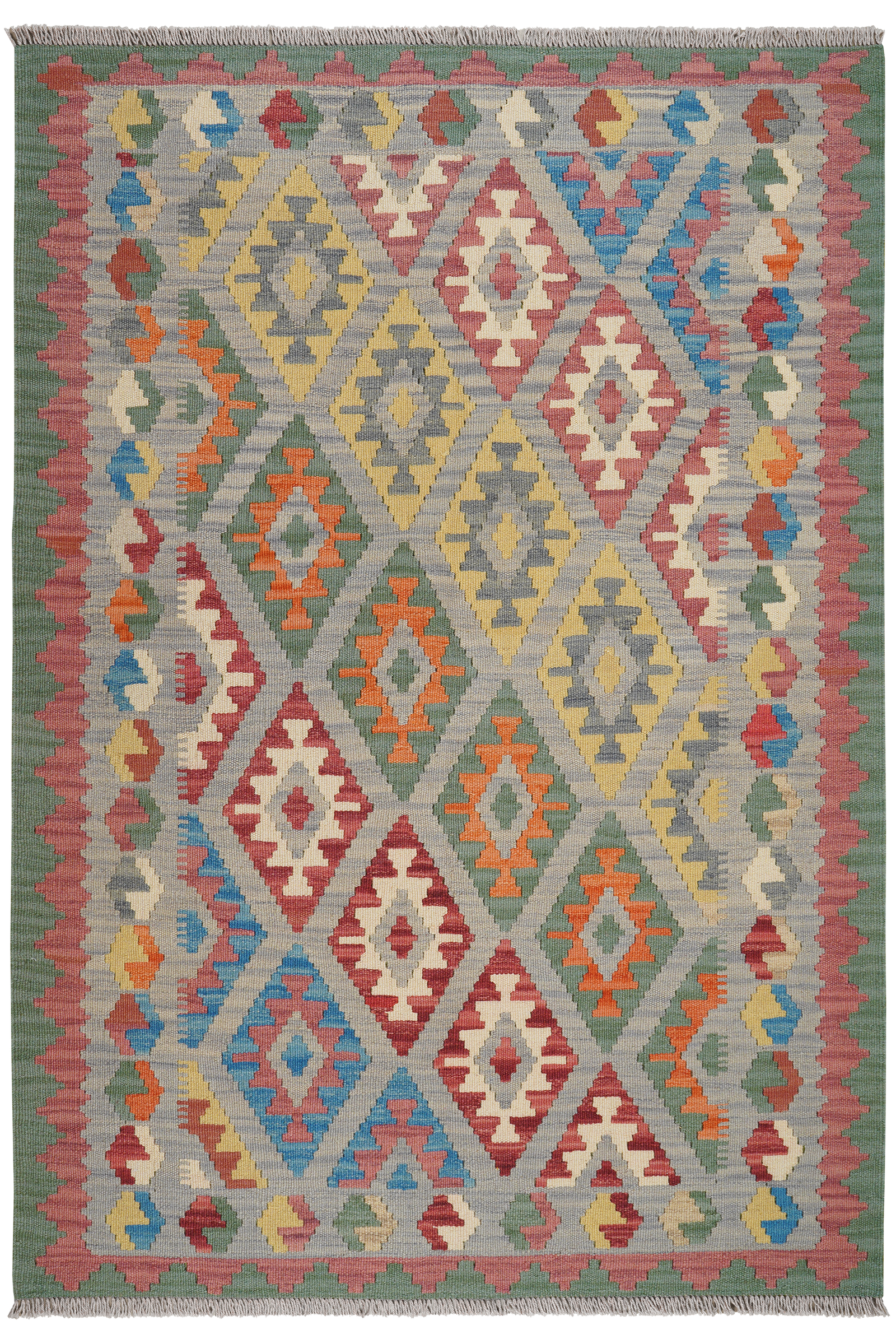 Kelim Gashgai — Handgefertigt, 186x128 cm, Grau, 100% Virgin Wool | Main view