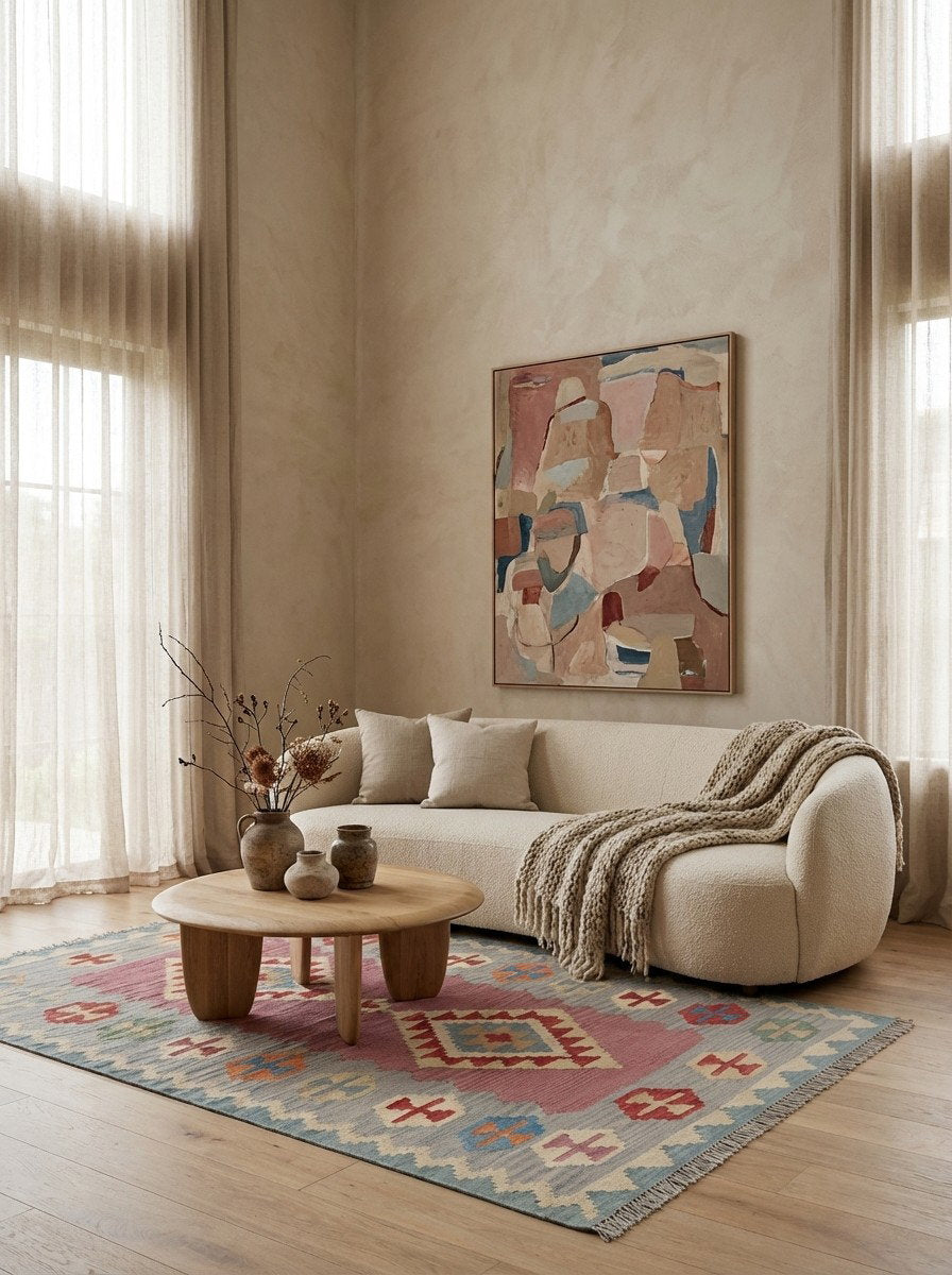 Kelim Gashgai — Handgefertigt, 186x126 cm, Grau, 100% Virgin Wool | Detail view