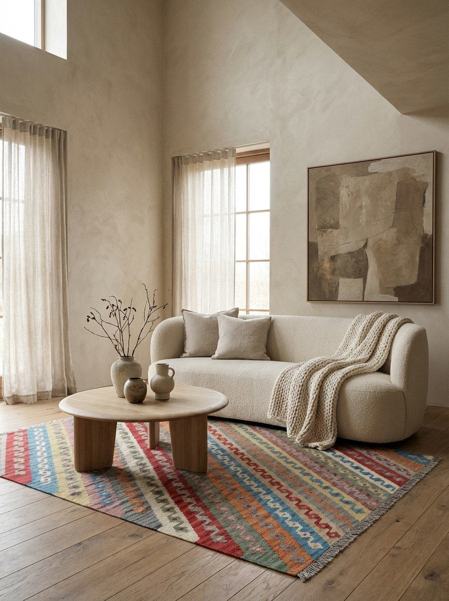 Kelim Gashgai — Handgefertigt, 176x130 cm, Bunt, 100% Virgin Wool | Detail view