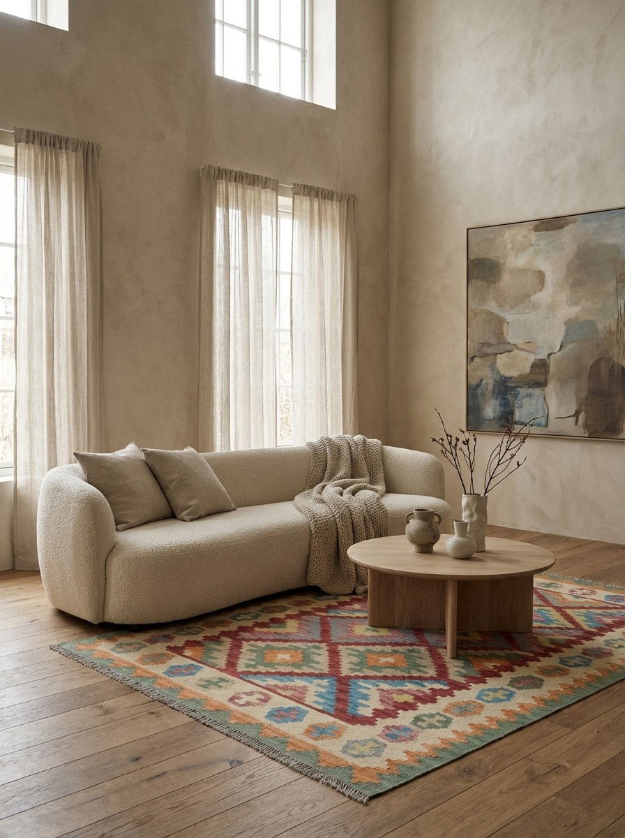 Kelim Gashgai — Handgefertigt, 190x128 cm, Beige, 100% Virgin Wool | Detail view