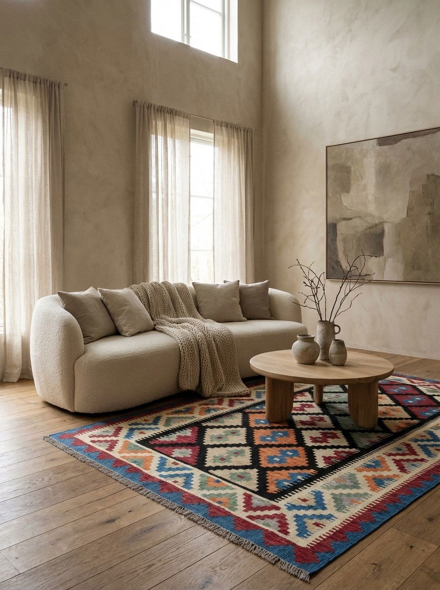 Kelim Gashgai — Handgefertigt, 189x125 cm, Beige, 100% Virgin Wool | Detail view