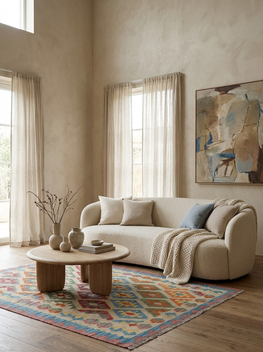 Kelim Gashgai — Handmade, 126x179 cm, Beige, 100% Virgin Wool | Detail view