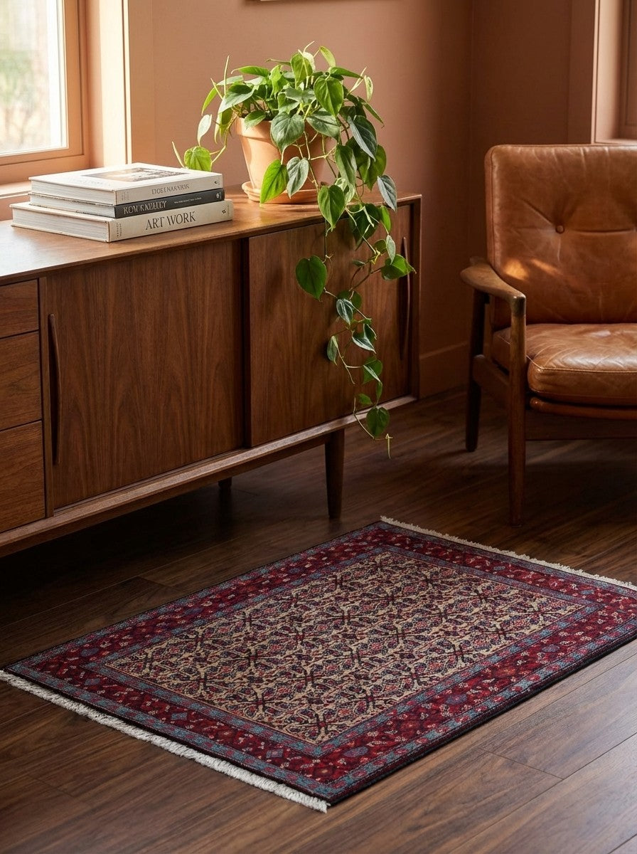 Senneh — Hand-knotted, 119x144 cm, Beige, 100% Virgin Wool | Back view