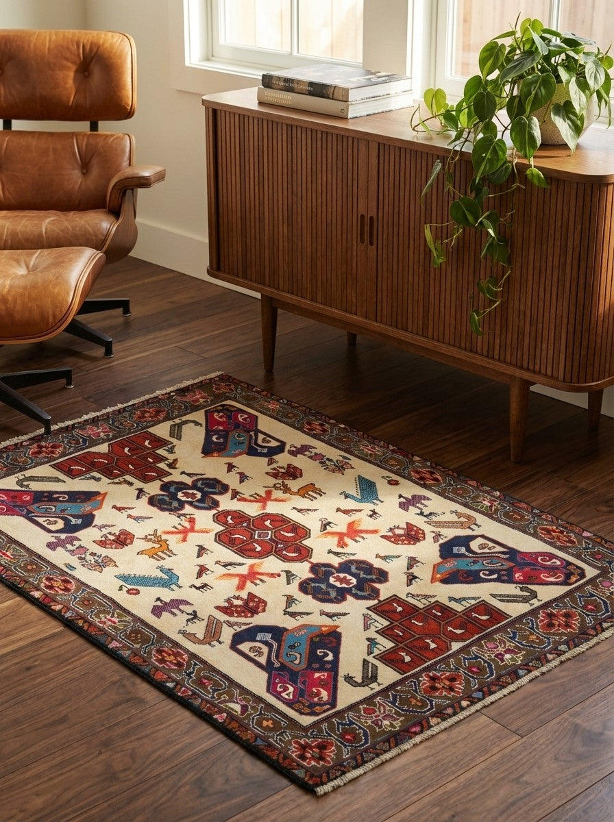 Afshar — Hand-knotted, 108x152 cm, Beige, 100% Virgin Wool | Back view