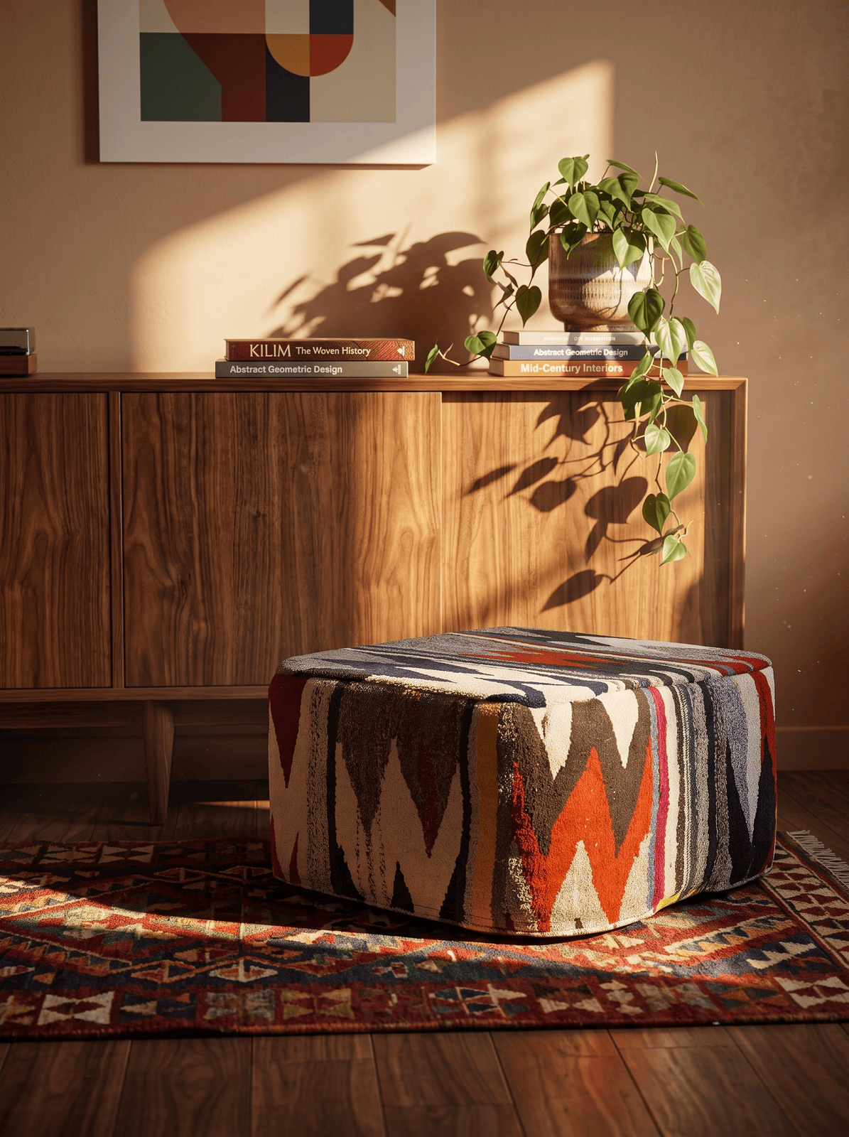 Kelim Pouf — Handmade, 65x65 cm, Multicolor, 100% Virgin Wool | Back view