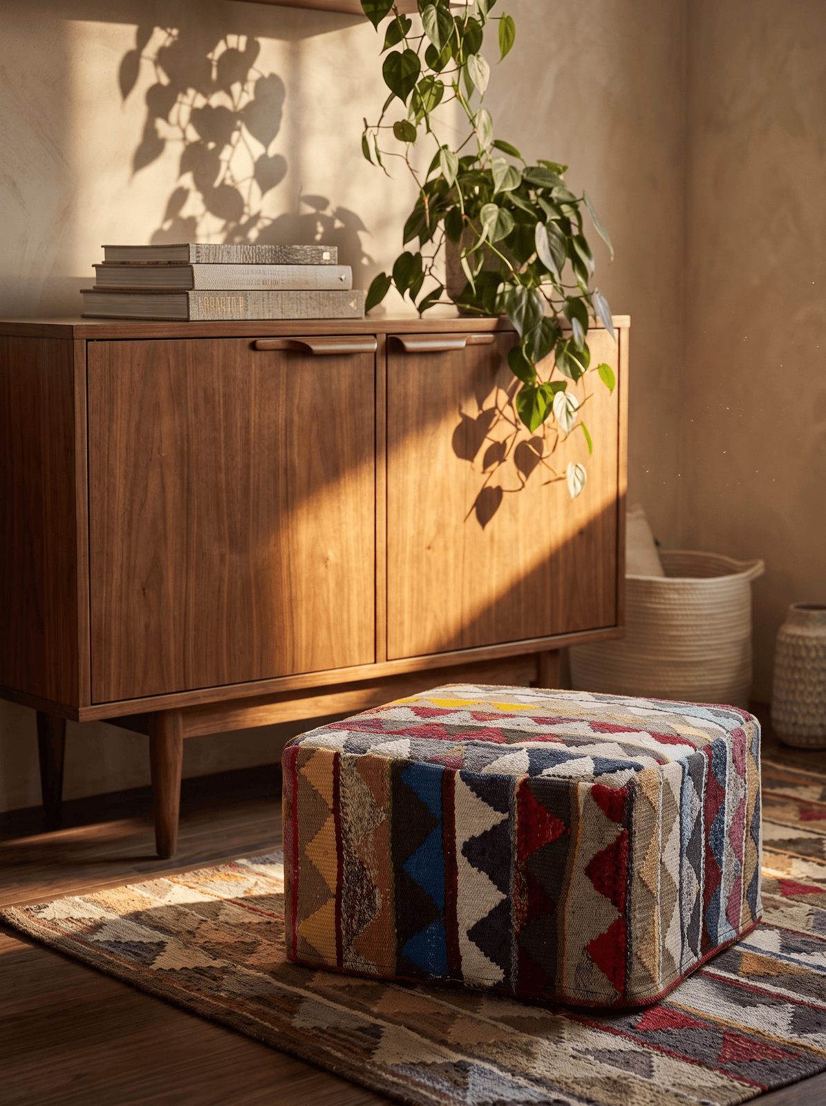 Kelim Pouf — Handmade, 65x65 cm, Multicolor, 100% Virgin Wool | Back view