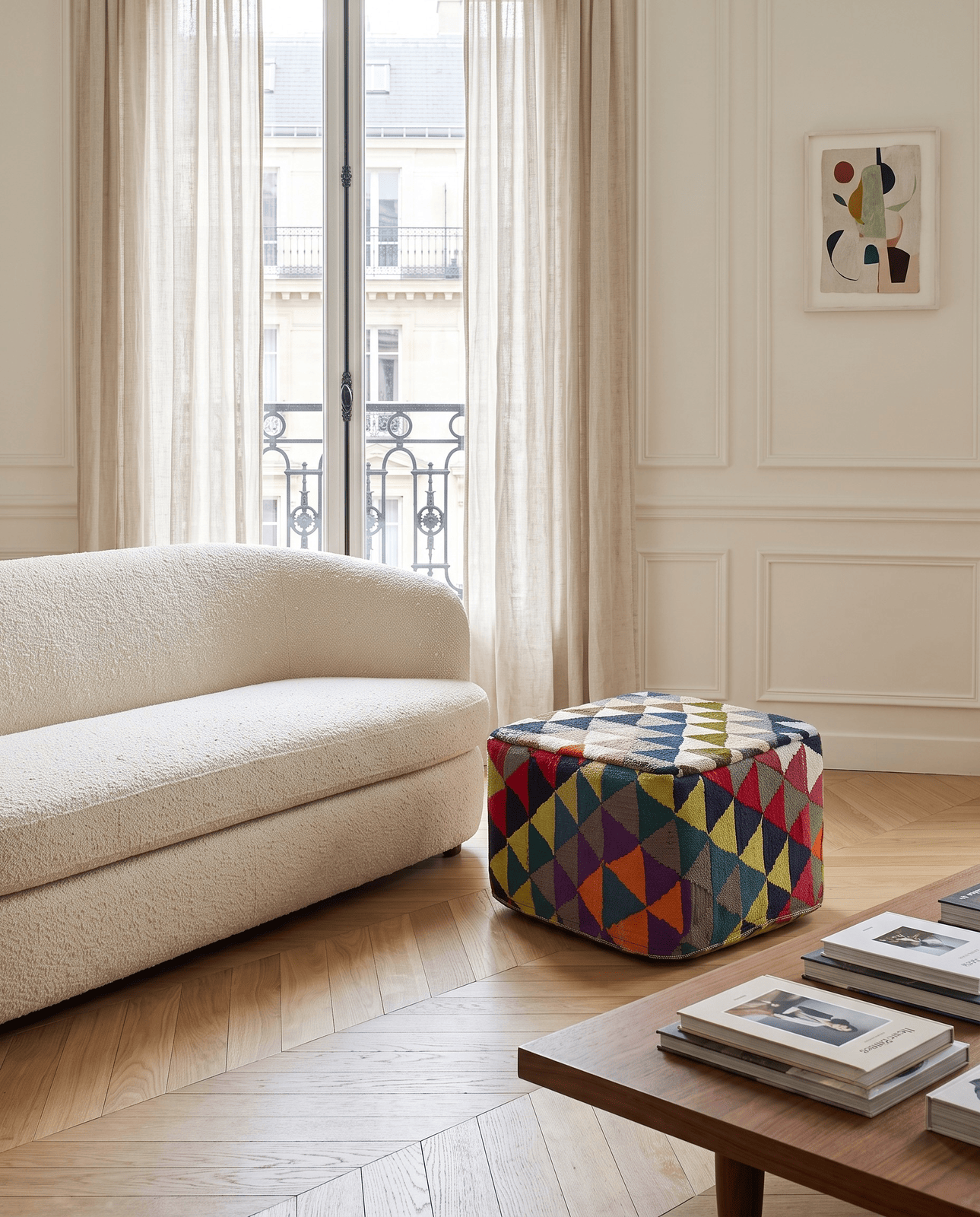 Kelim Pouf — Handmade, 55x55 cm, Multicolor, 100% Virgin Wool | Detail view