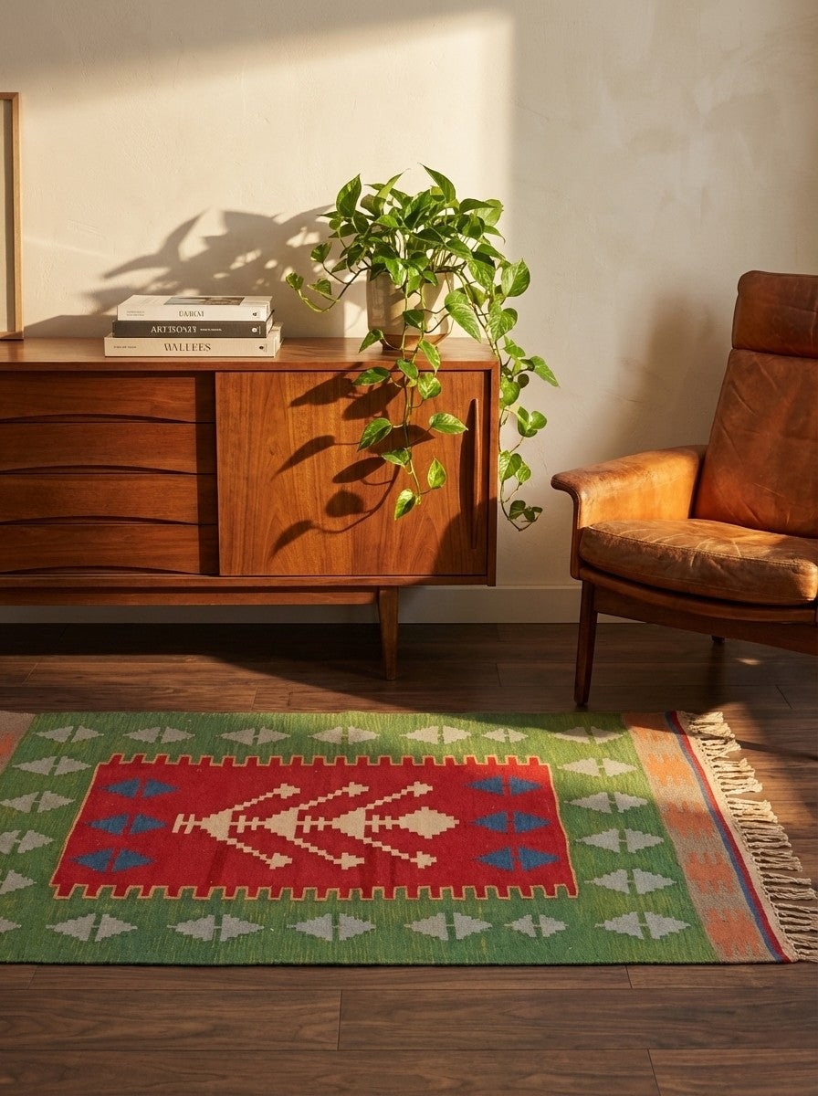 Kelim — Handmade, 112x166 cm, Red, 100% Virgin Wool | Back view