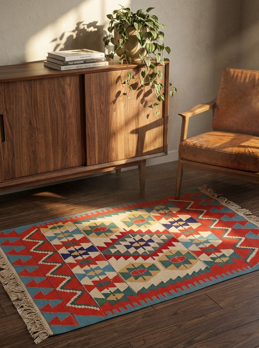 Kelim — Handmade, 113x156 cm, Multicolor, 100% Virgin Wool | Back view