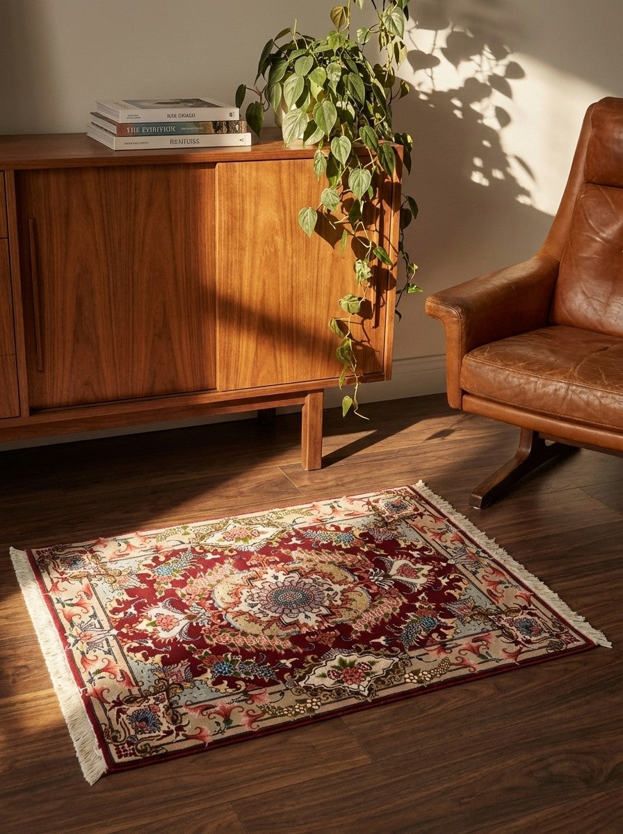 Tabriz 50 Raj — Hand-knotted, 63x95 cm, Red, 90% Schurwolle, 10% Seide | Back view