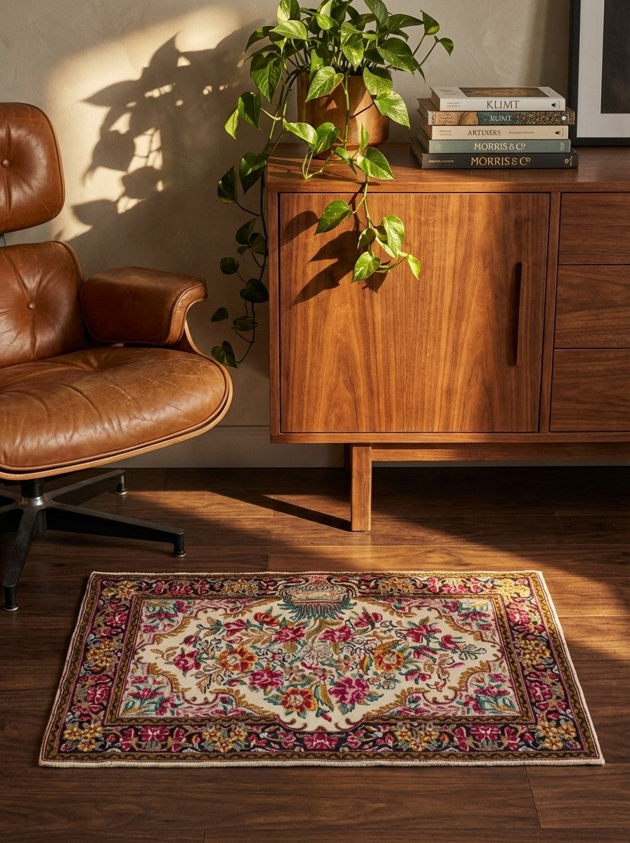 Kirman — Hand-knotted, 89x58 cm, Beige, 100% Virgin Wool | Back view