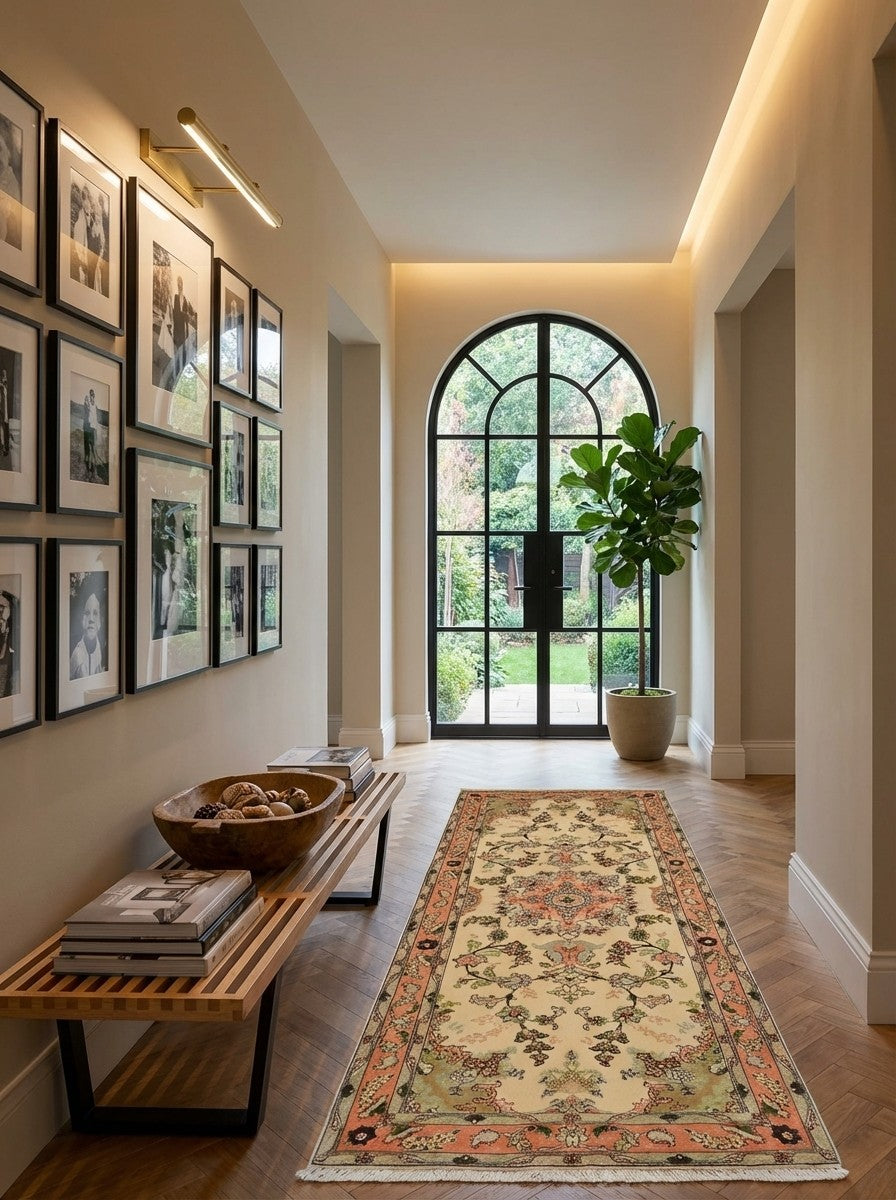 Tabriz 50 Raj — Hand-knotted, 83x205 cm, Beige, 95% Schurwolle, 5% Seide | Detail view
