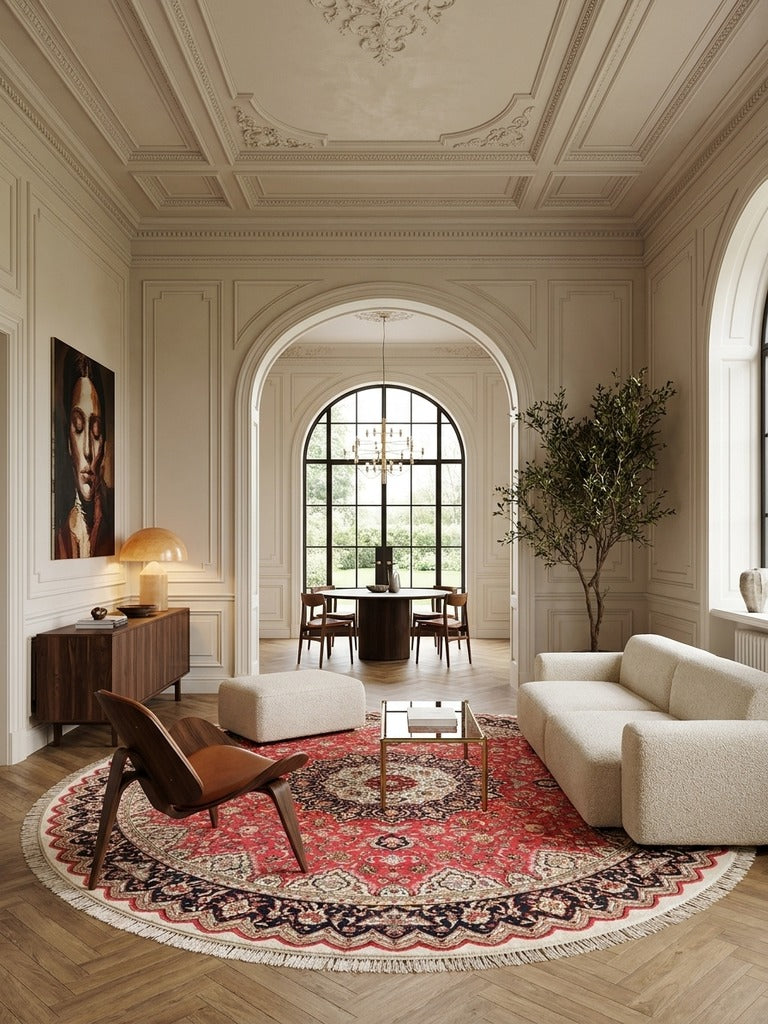 Tabriz Round — Hand-knotted, 248x248 cm, Red, 95% Schurwolle, 5% Seide | Detail view