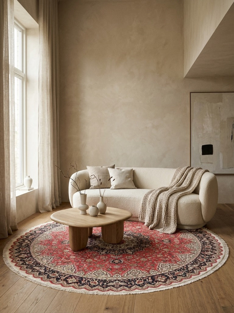 Tabriz Round — Hand-knotted, 248x248 cm, Red, 95% Schurwolle, 5% Seide | Back view