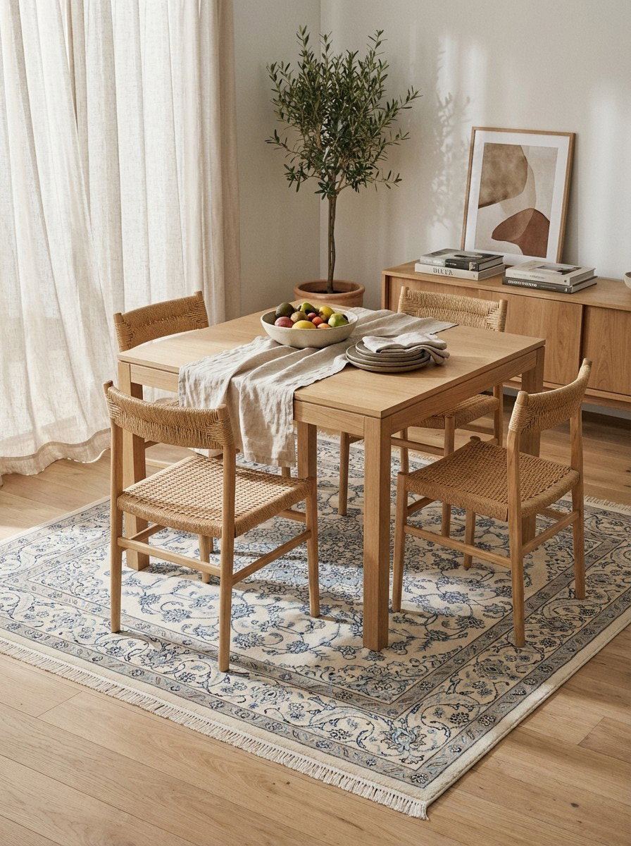 Nain — Handgefertigt, 246x246 cm, Beige,blau, 100% Virgin Wool | Detail view