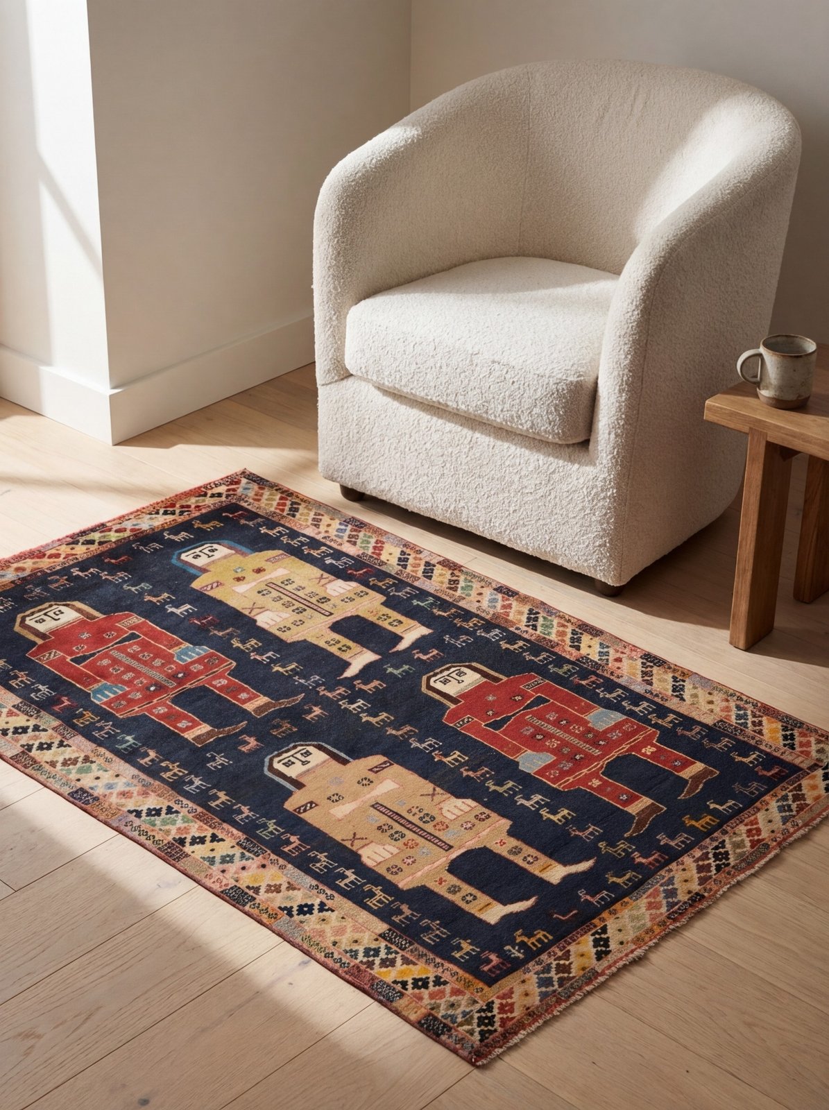Gashgai — Hand-knotted, 110x162 cm, Blue, 100% Virgin Wool | Detail view