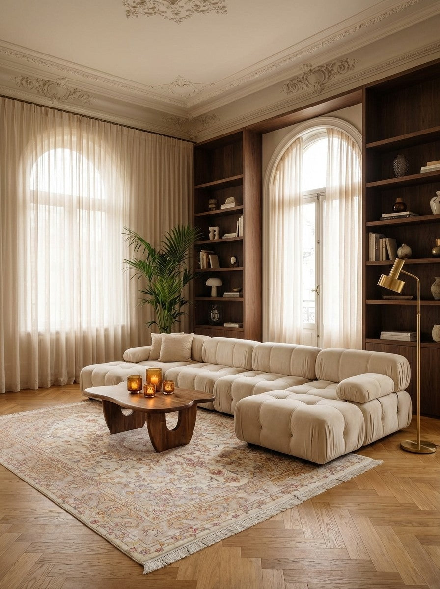 Tabriz 50 Raj — Hand-knotted, 150x205 cm, Beige, 90% Schurwolle, 10% Seide | Back view